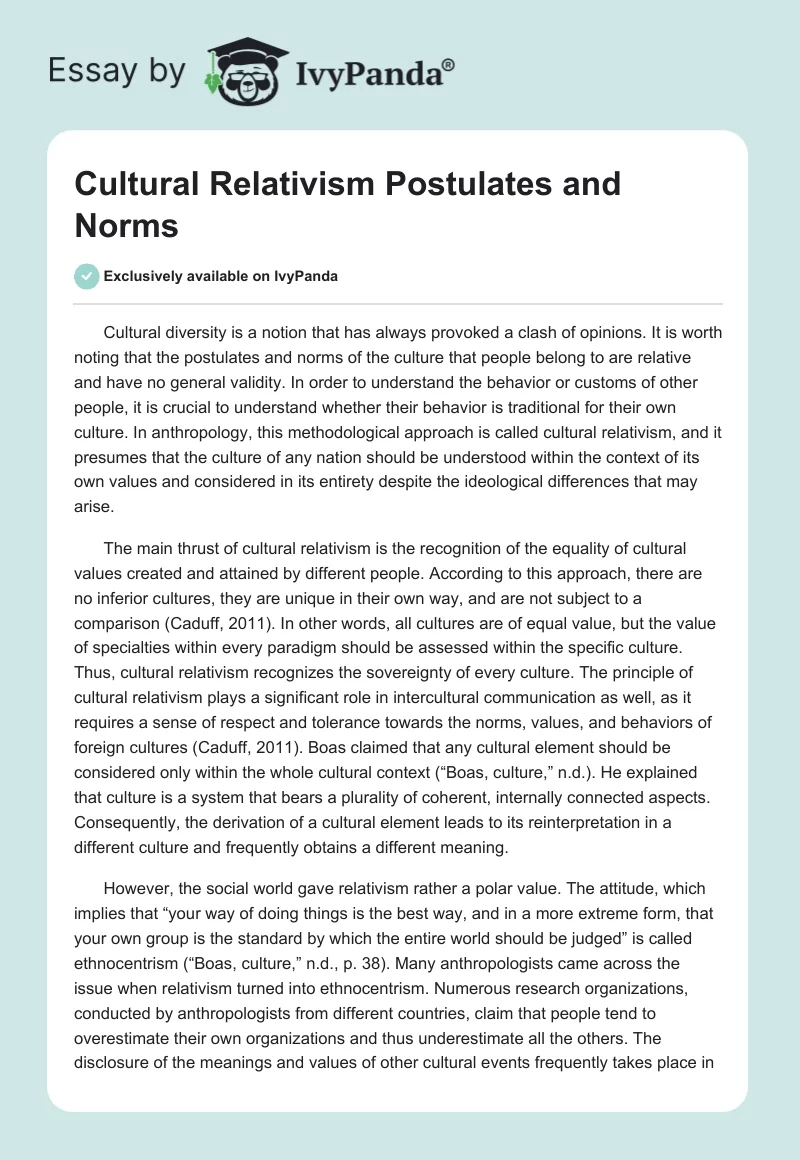 Cultural Relativism Postulates and Norms. Page 1