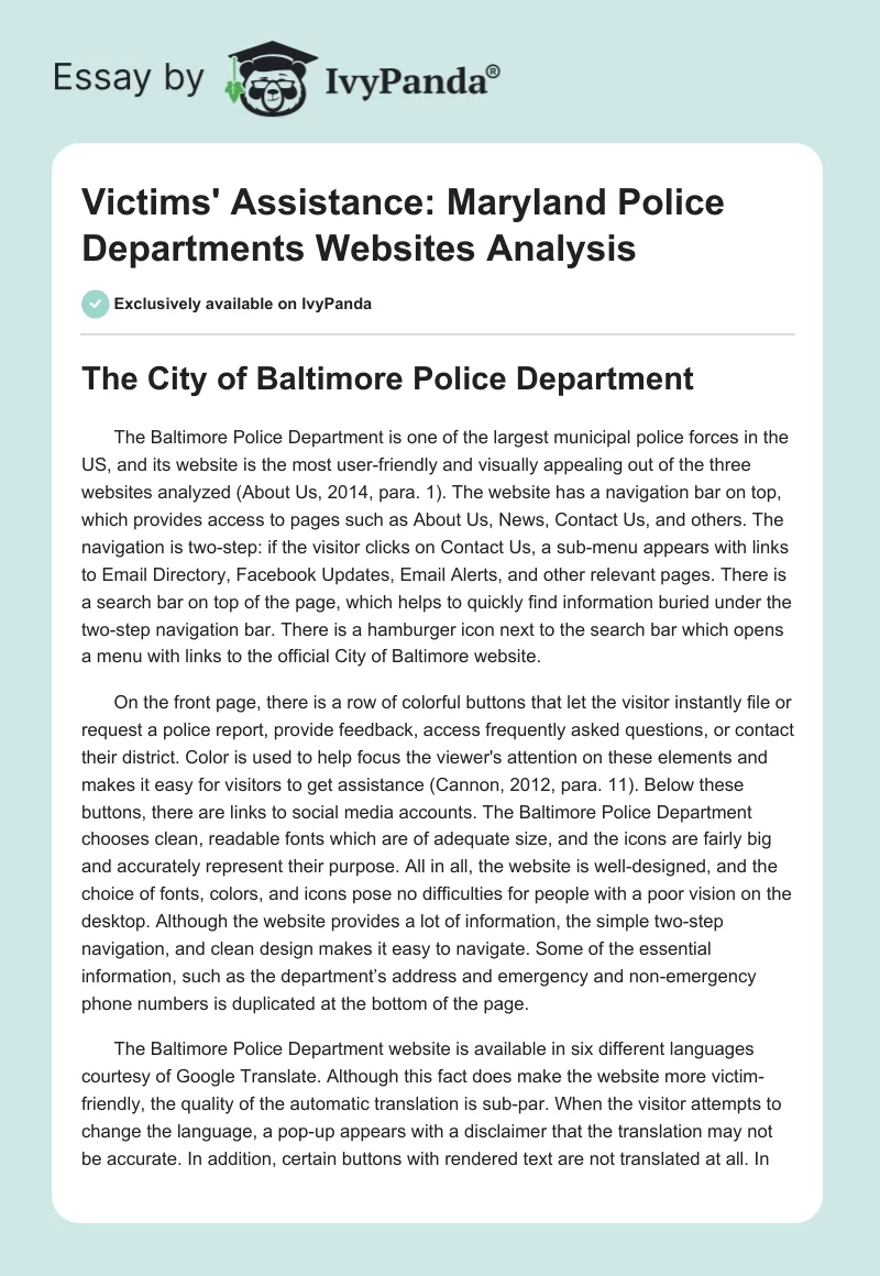 Victims' Assistance: Maryland Police Departments Websites Analysis. Page 1