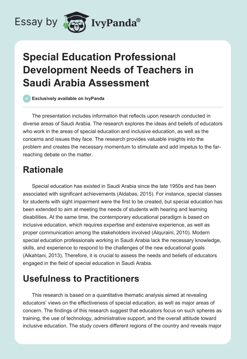 Special Education Professional Development Needs of Teachers in Saudi Arabia Assessment. Page 1