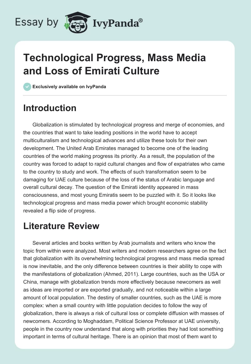 Technological Progress, Mass Media and Loss of Emirati Culture. Page 1