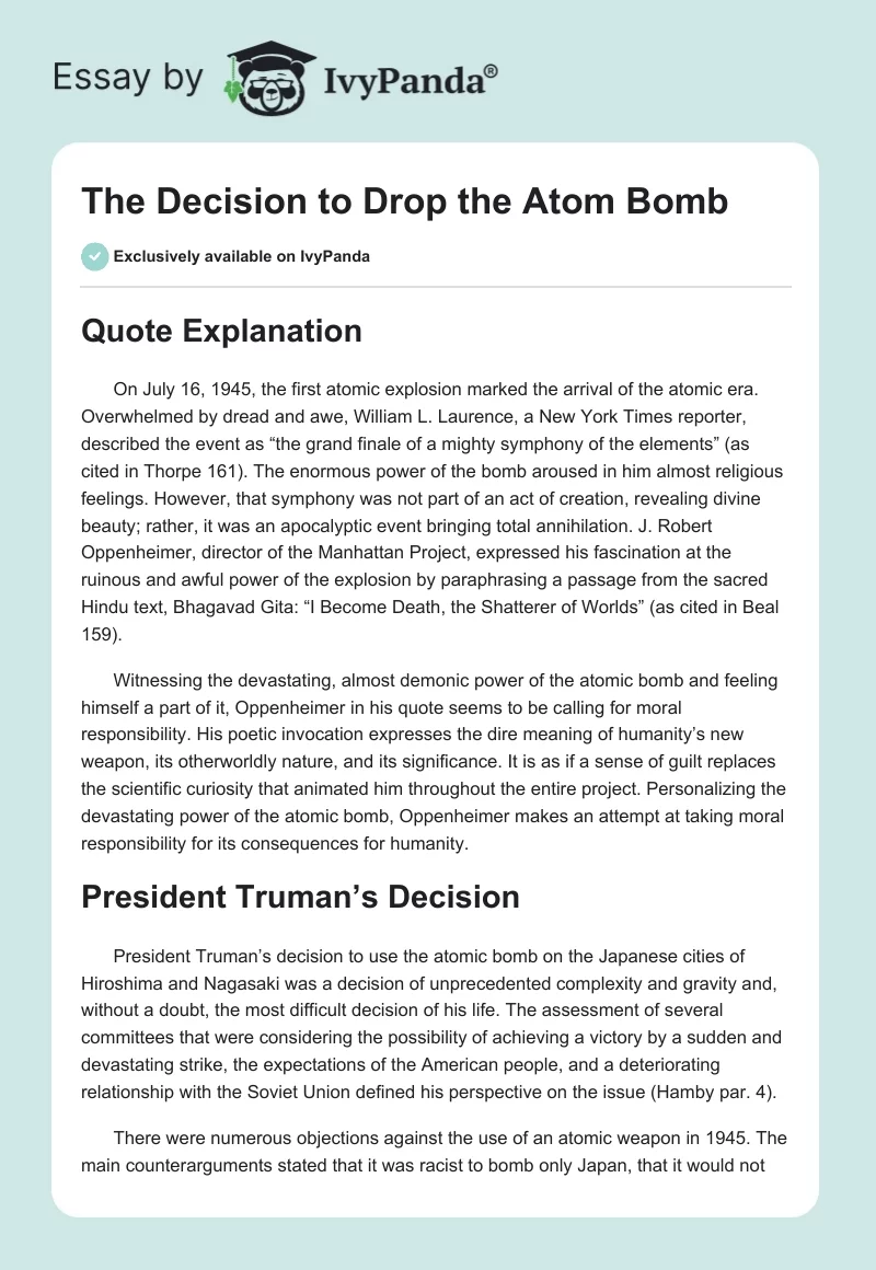 should we have dropped the atomic bomb essay