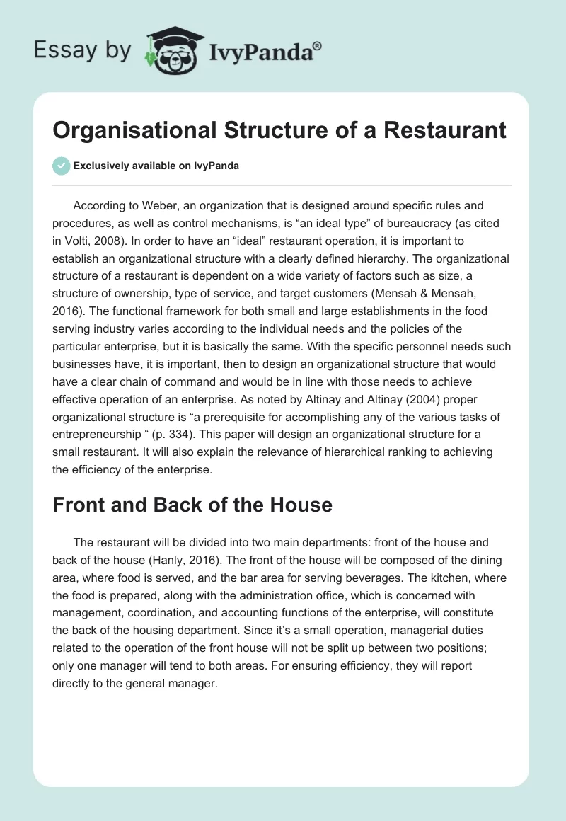 Organisational Structure of a Restaurant. Page 1