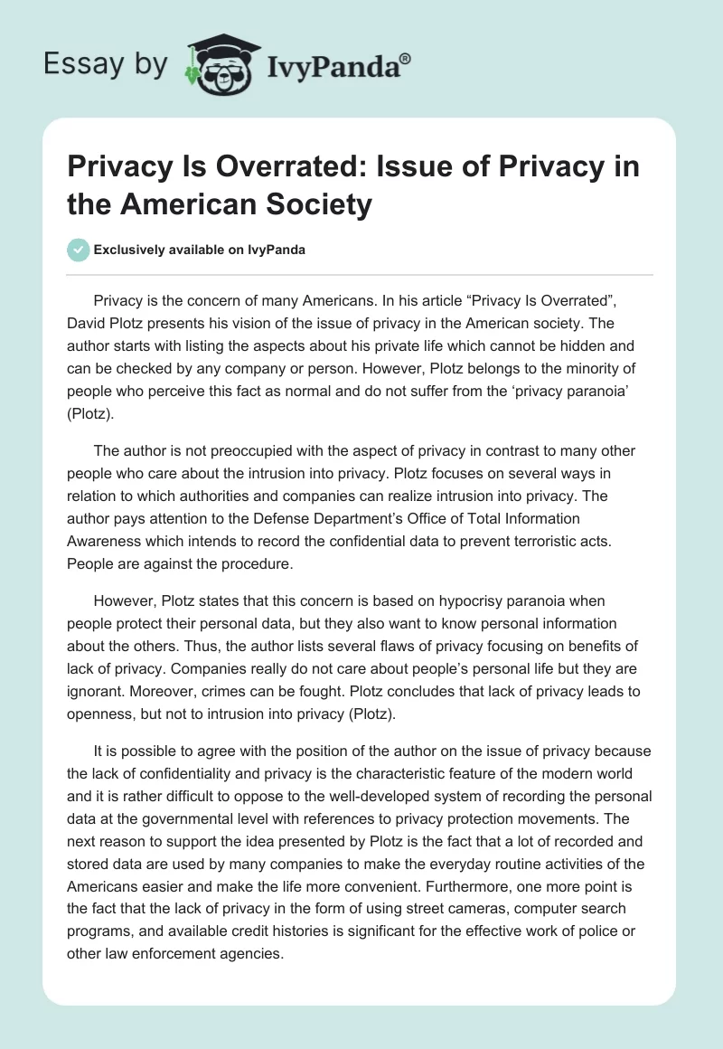 Privacy Is Overrated: Issue of Privacy in the American Society. Page 1