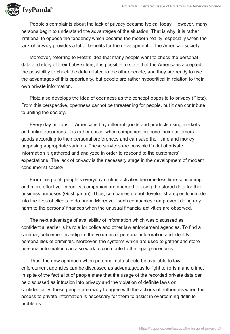 Privacy Is Overrated: Issue of Privacy in the American Society. Page 2