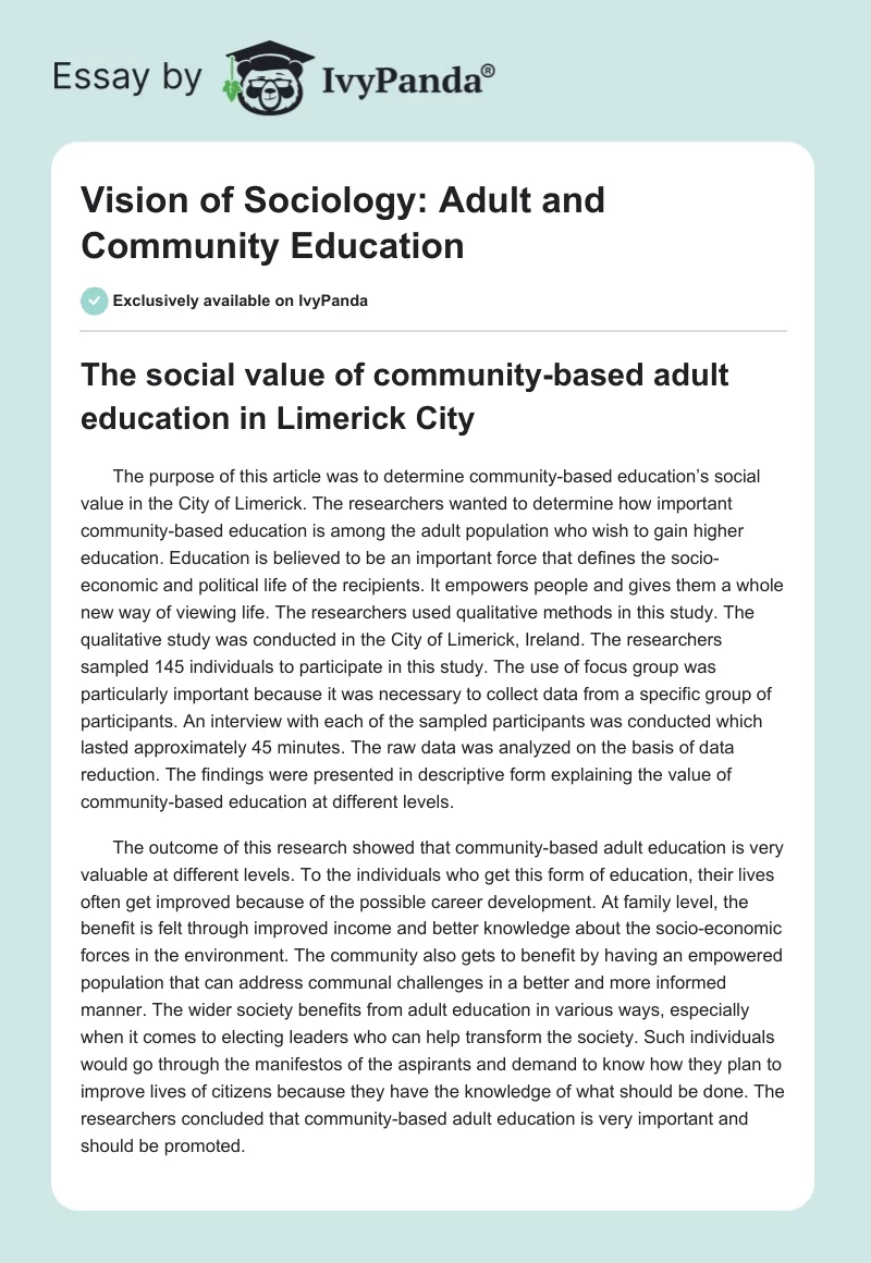 Vision of Sociology: Adult and Community Education. Page 1