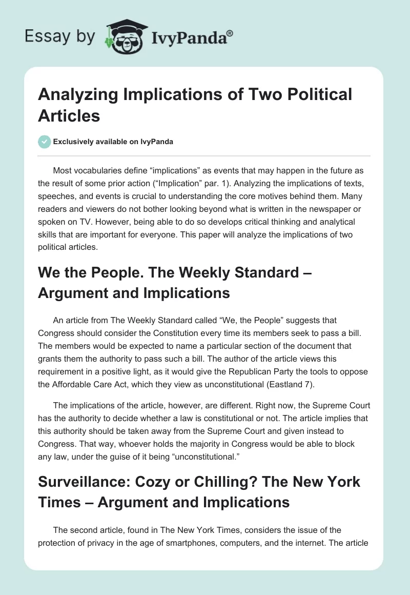 Analyzing Implications of Two Political Articles. Page 1