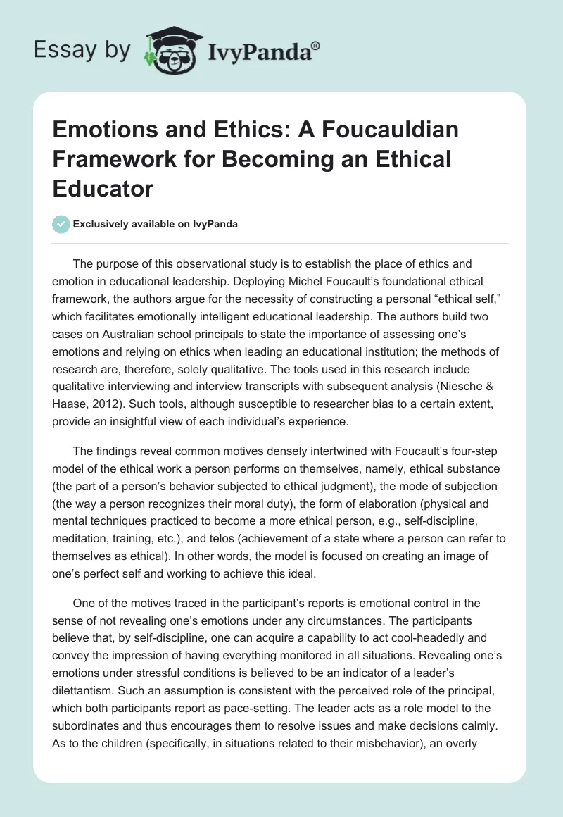 Emotions and Ethics: A Foucauldian Framework for Becoming an Ethical Educator. Page 1