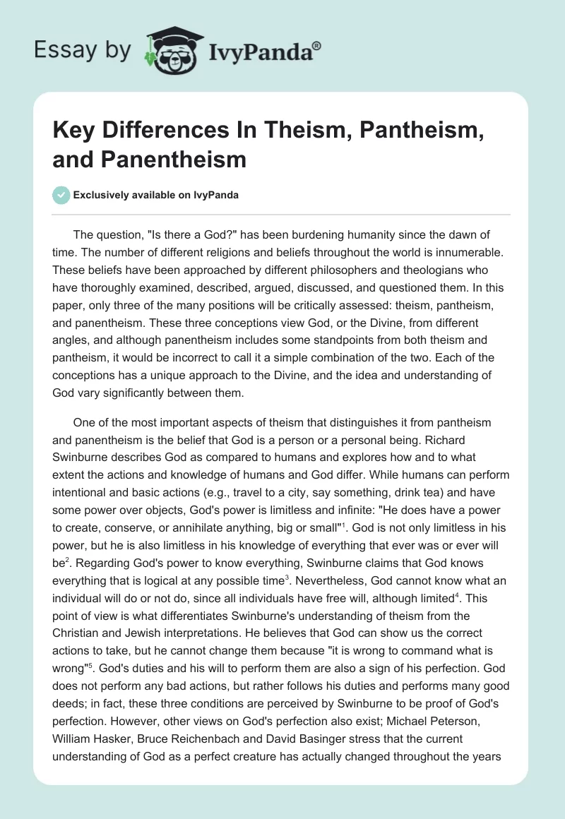 Key Differences In Theism, Pantheism, and Panentheism. Page 1