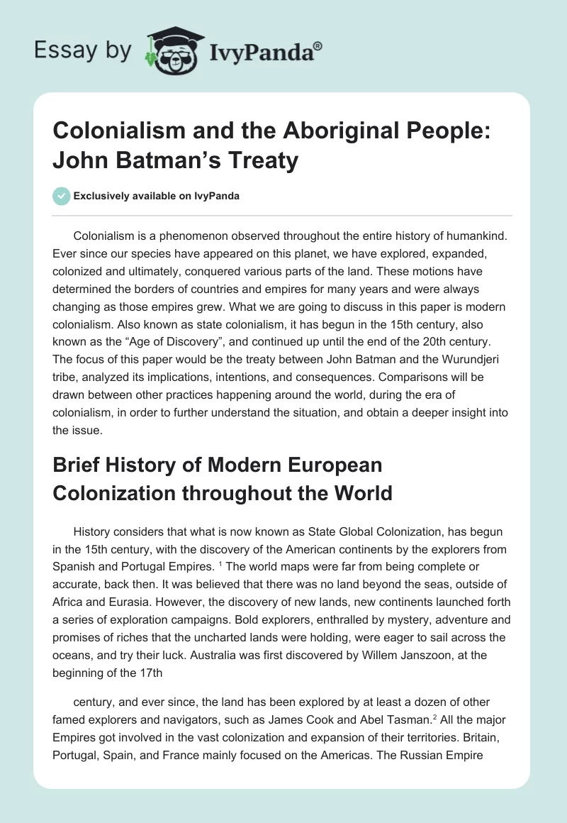 Colonialism and the Aboriginal People: John Batman’s Treaty. Page 1