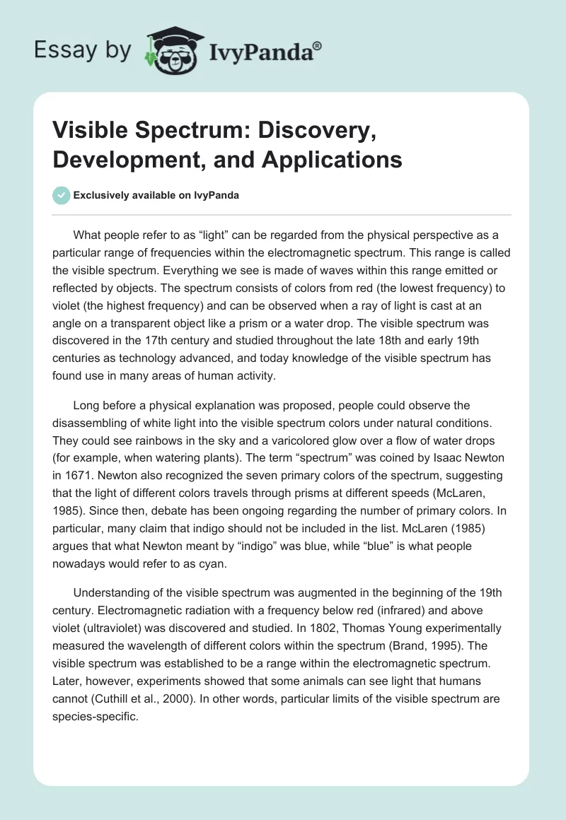 Visible Spectrum: Discovery, Development, and Applications. Page 1