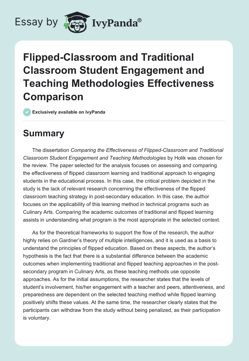Flipped-Classroom and Traditional Classroom Student Engagement and Teaching Methodologies Effectiveness Comparison. Page 1