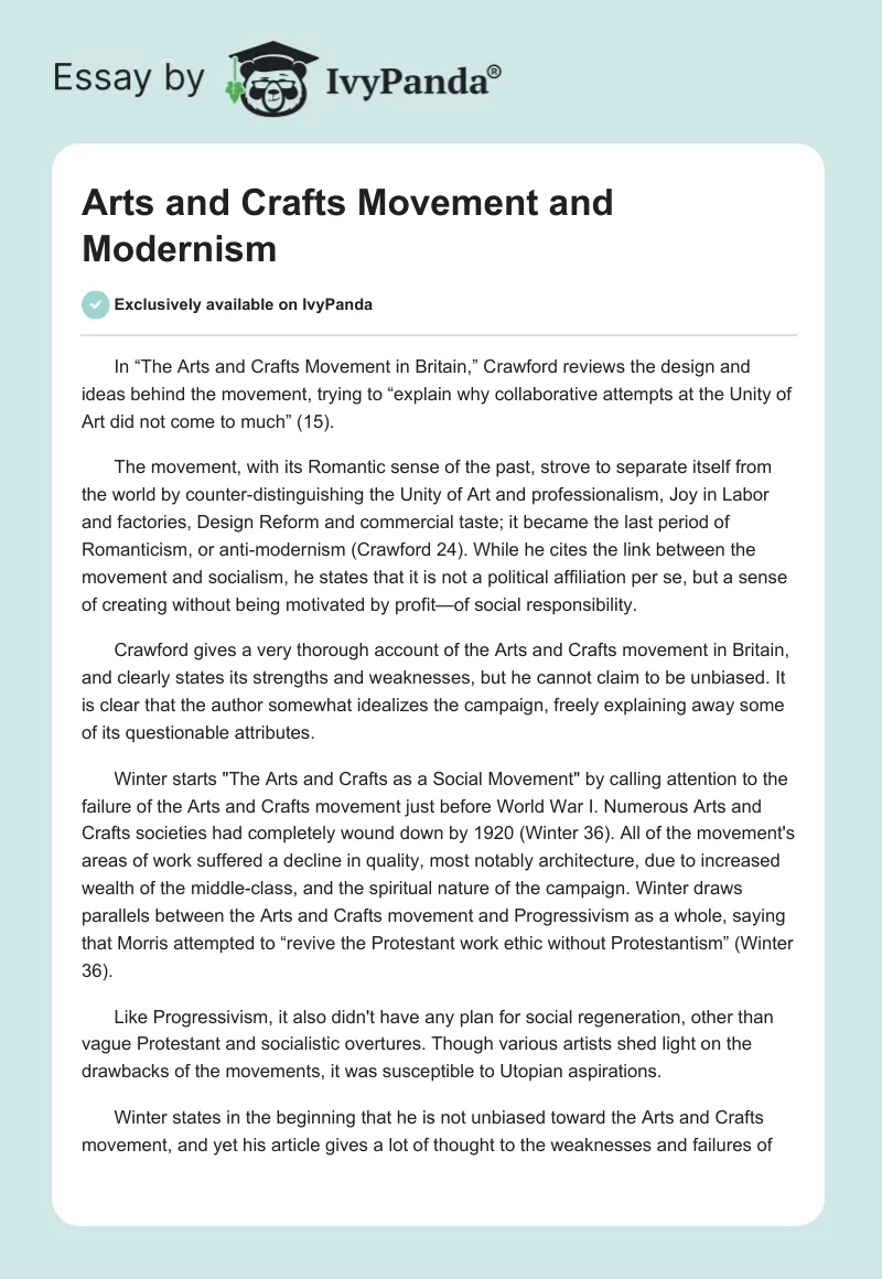 Arts and Crafts Movement and Modernism. Page 1
