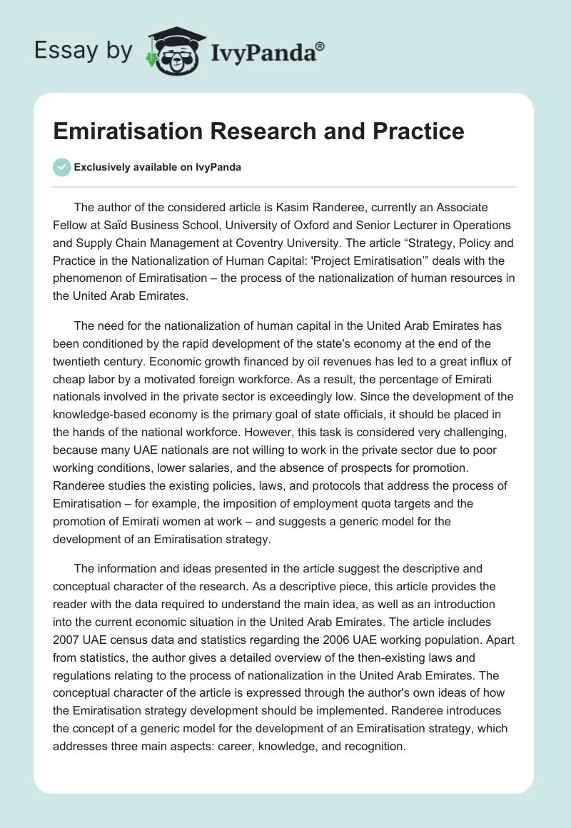 Emiratisation Research and Practice. Page 1