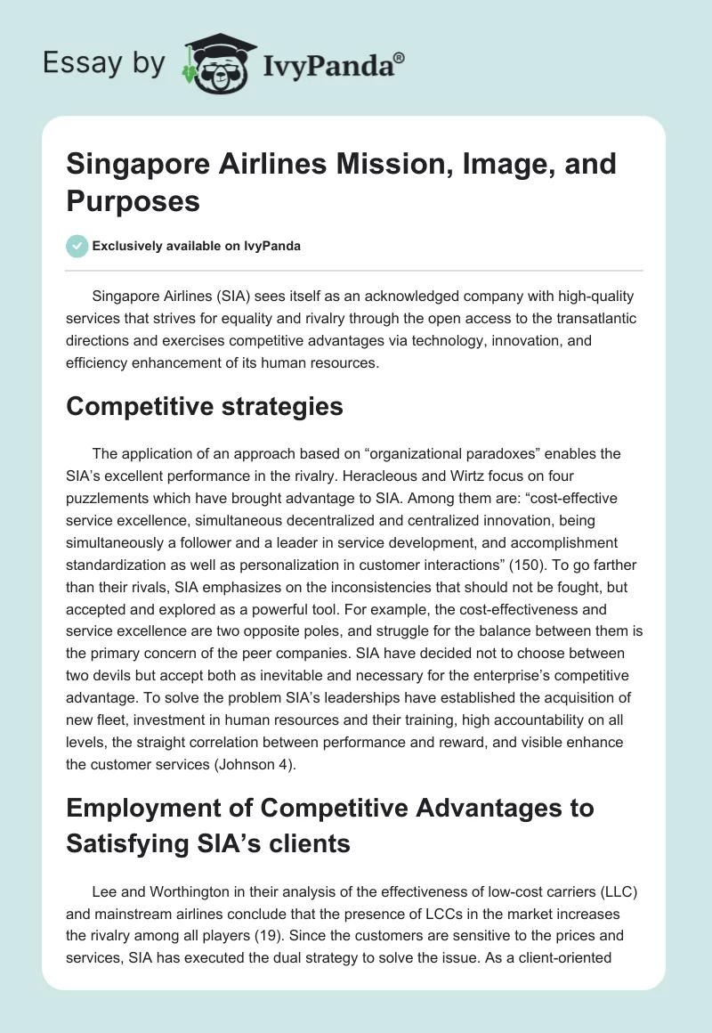 Singapore Airlines Mission, Image, and Purposes. Page 1