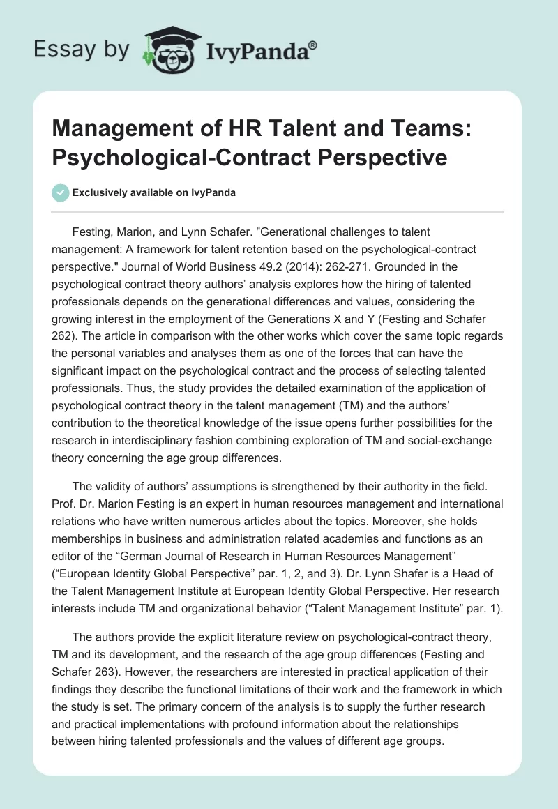 Management of HR Talent and Teams: Psychological-Contract Perspective. Page 1