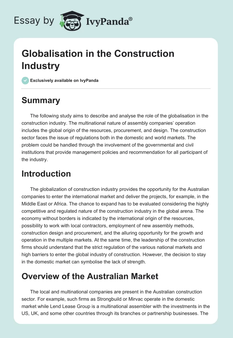 Globalisation in the Construction Industry. Page 1