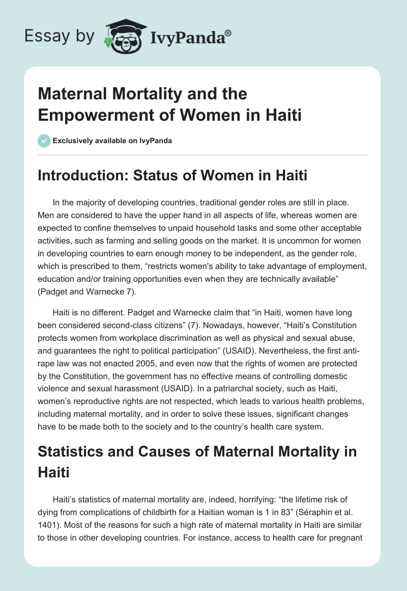 Maternal Mortality and the Empowerment of Women in Haiti. Page 1