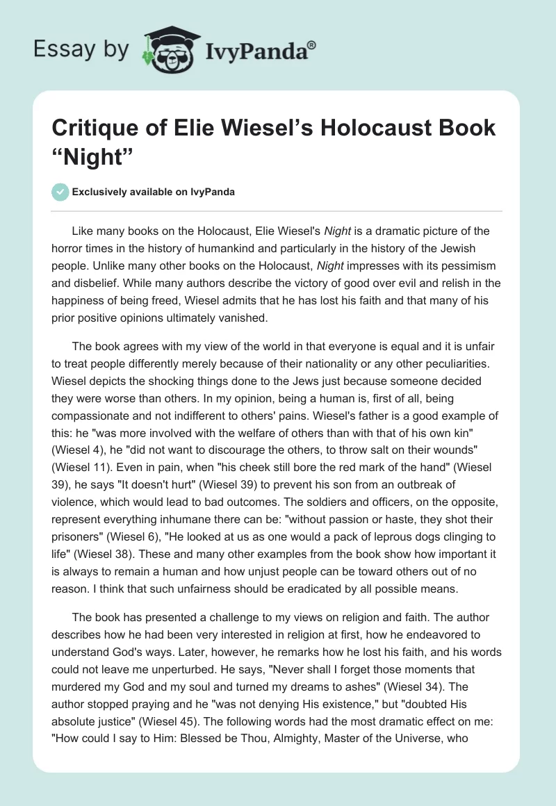 Critique of Elie Wiesel’s Holocaust Book “Night”. Page 1