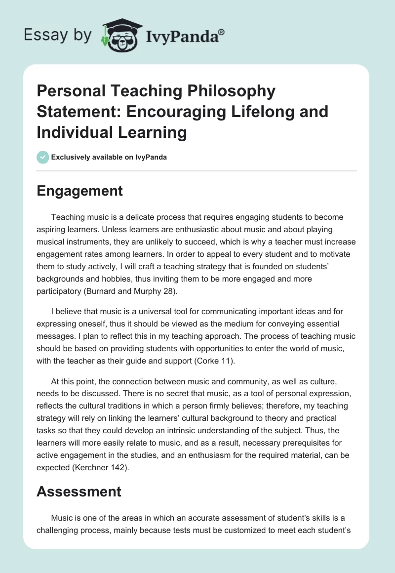 Personal Teaching Philosophy Statement: Encouraging Lifelong and Individual Learning. Page 1