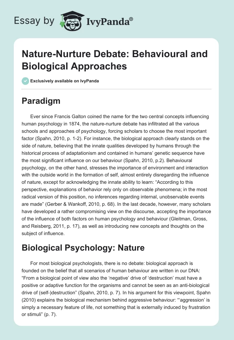 Nature-Nurture Debate: Behavioural and Biological Approaches. Page 1