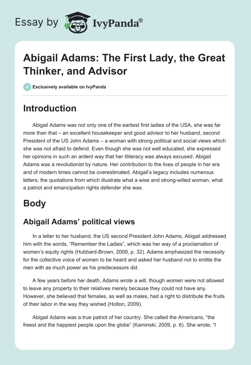 Abigail Adams: The First Lady, the Great Thinker, and Advisor. Page 1