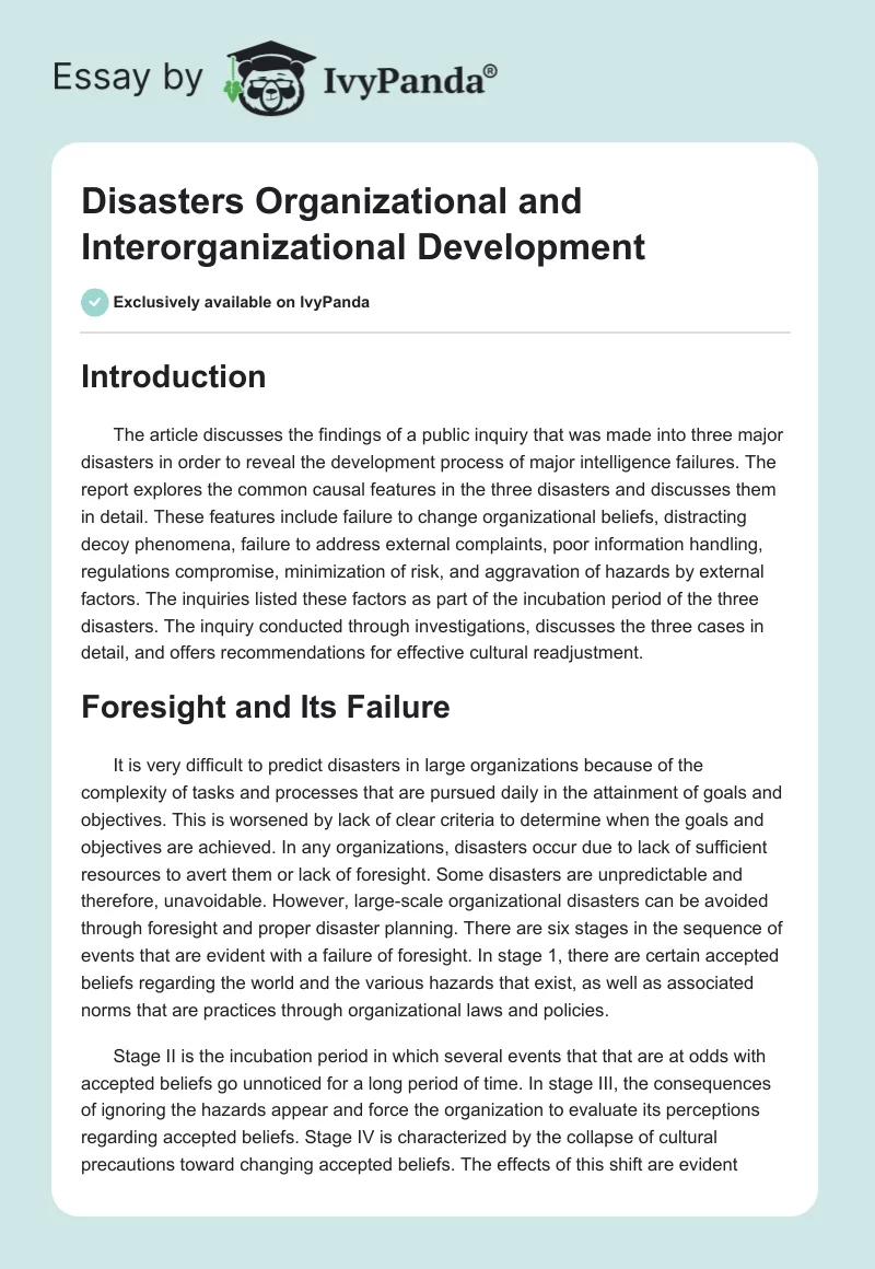 Disasters Organizational and Interorganizational Development. Page 1