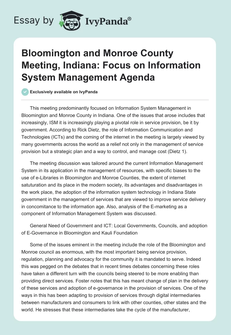 Bloomington and Monroe County Meeting, Indiana: Focus on Information System Management Agenda. Page 1