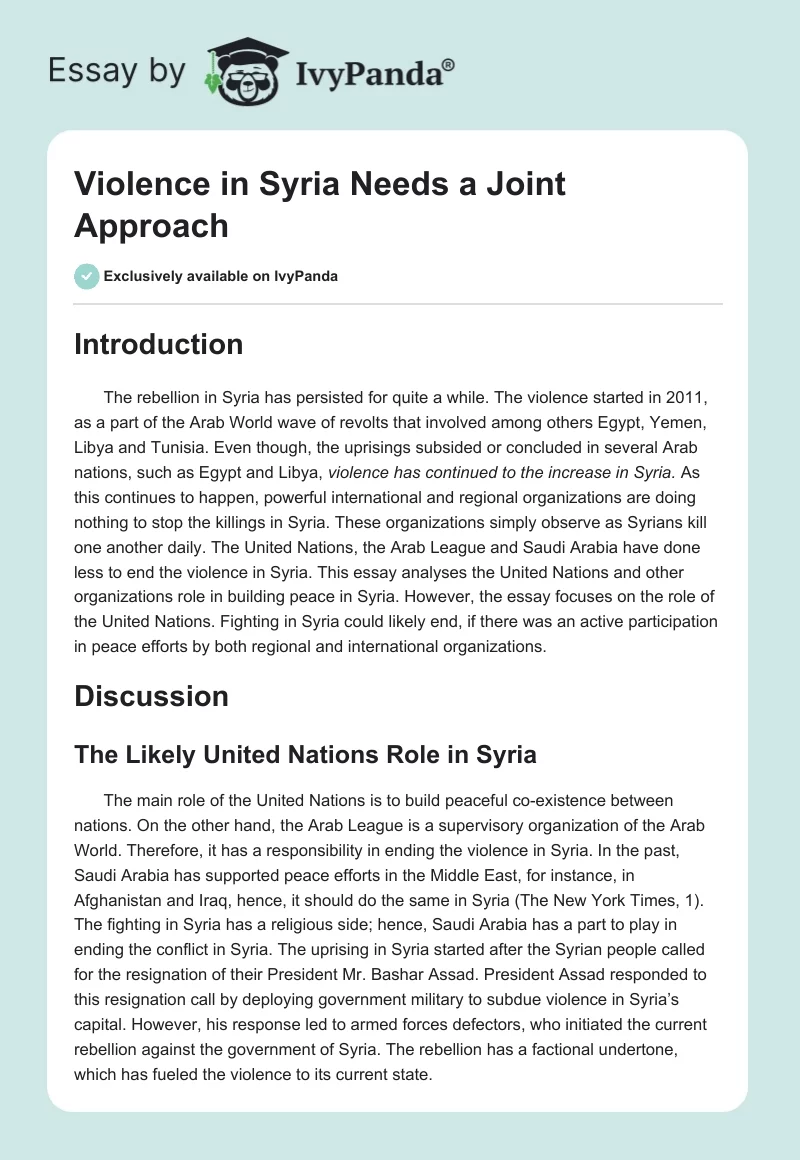 Violence in Syria Needs a Joint Approach. Page 1