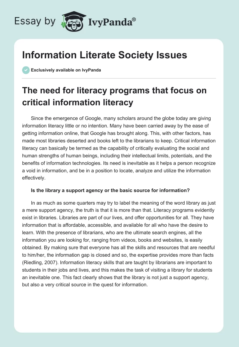 Information Literate Society Issues. Page 1