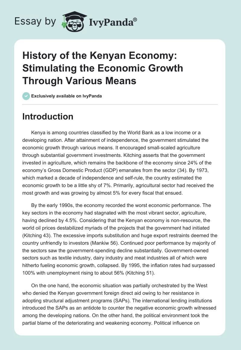 History of the Kenyan Economy: Stimulating the Economic Growth Through Various Means. Page 1