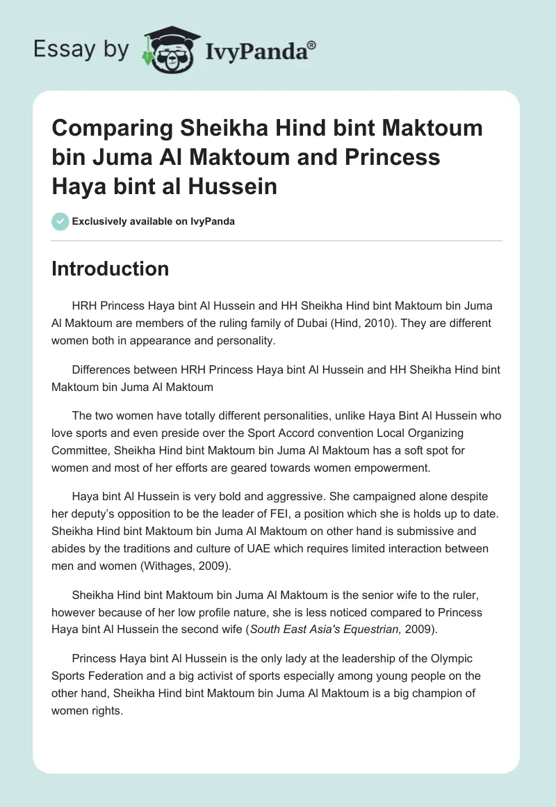 Comparing Sheikha Hind bint Maktoum bin Juma Al Maktoum and Princess Haya bint al Hussein. Page 1