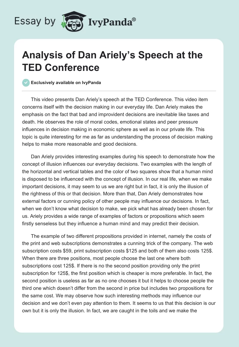 Analysis of Dan Ariely’s Speech at the TED Conference. Page 1