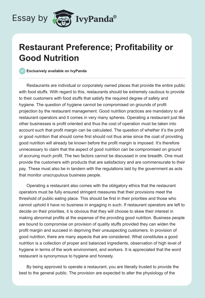Restaurant Preference; Profitability or Good Nutrition. Page 1