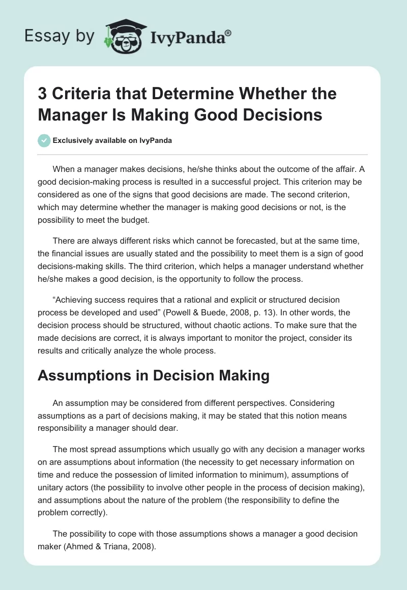 3 Criteria that Determine Whether the Manager Is Making Good Decisions. Page 1