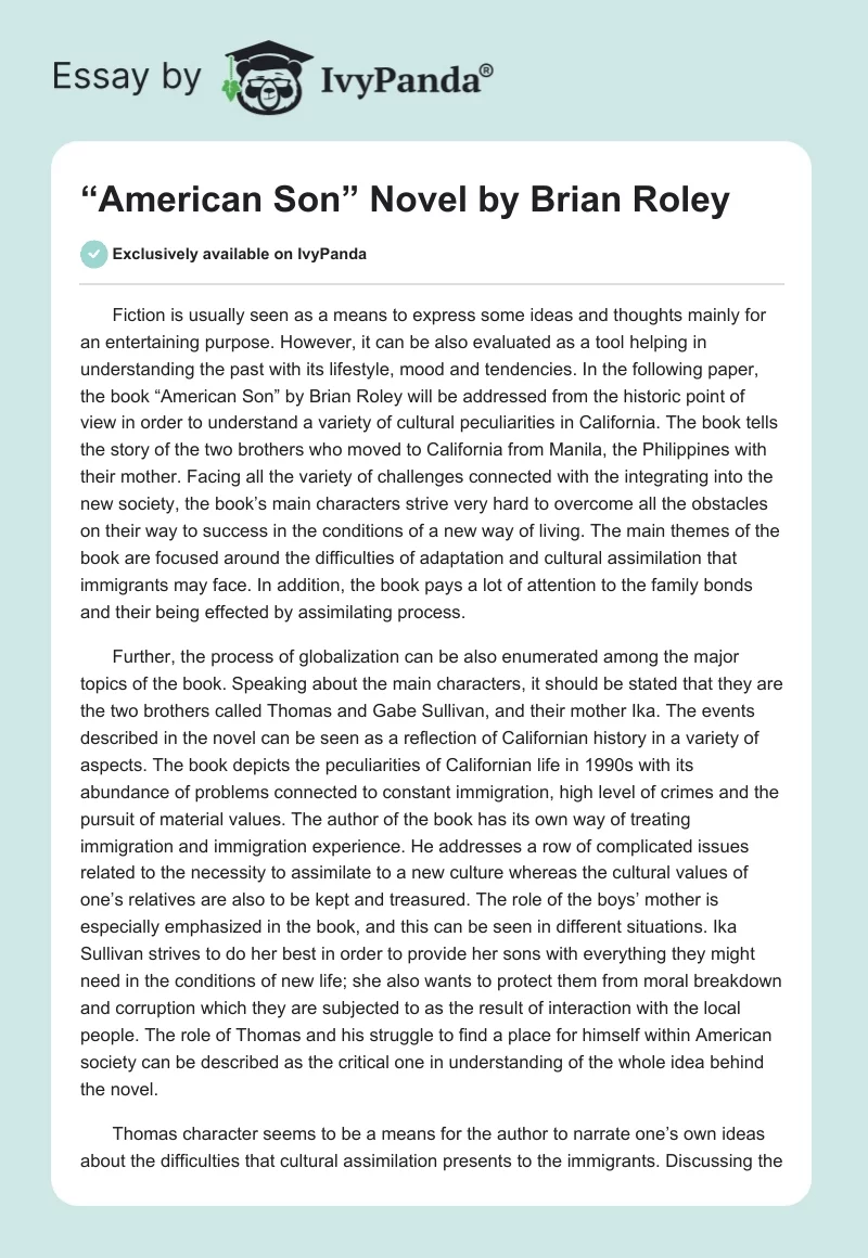 “American Son” Novel by Brian Roley. Page 1