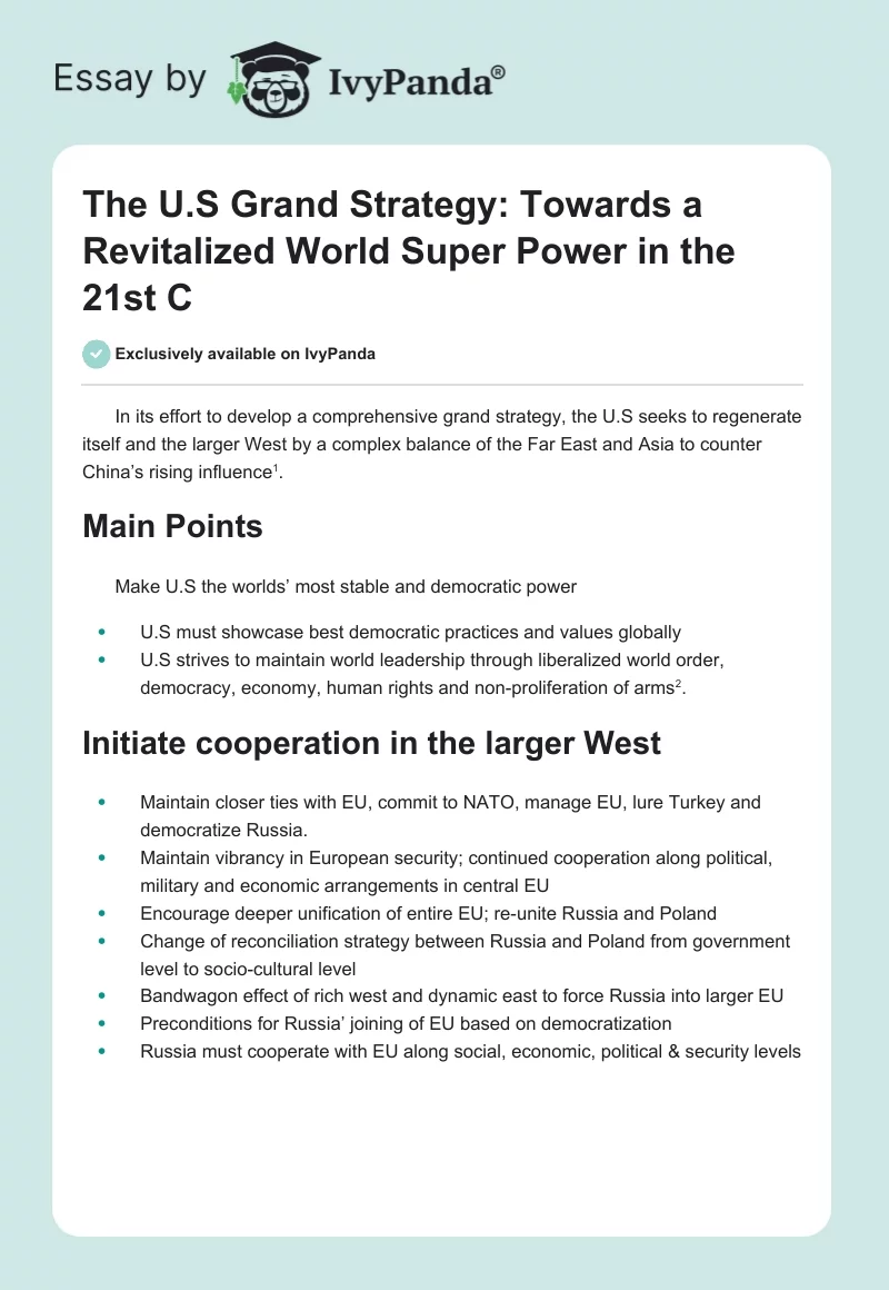 The U.S Grand Strategy: Towards a Revitalized World Super Power in the 21st C. Page 1