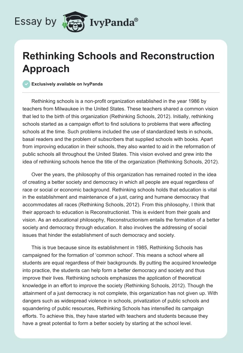 Rethinking Schools and Reconstruction Approach. Page 1