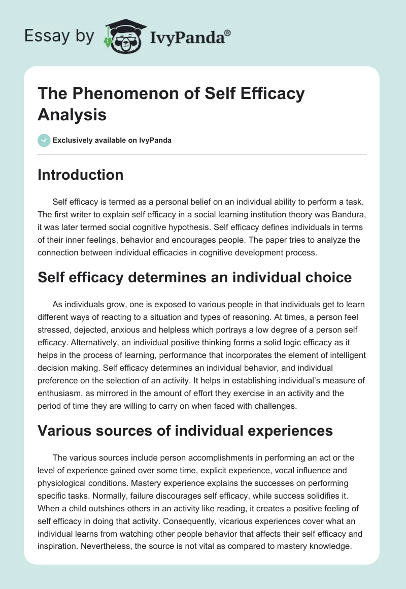 The Phenomenon of Self Efficacy Analysis. Page 1