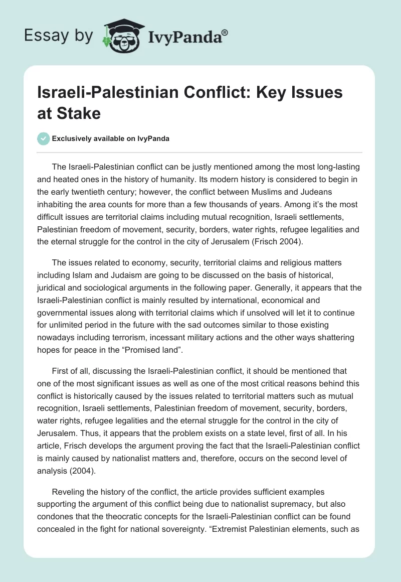 Israeli-Palestinian Conflict: Key Issues at Stake. Page 1
