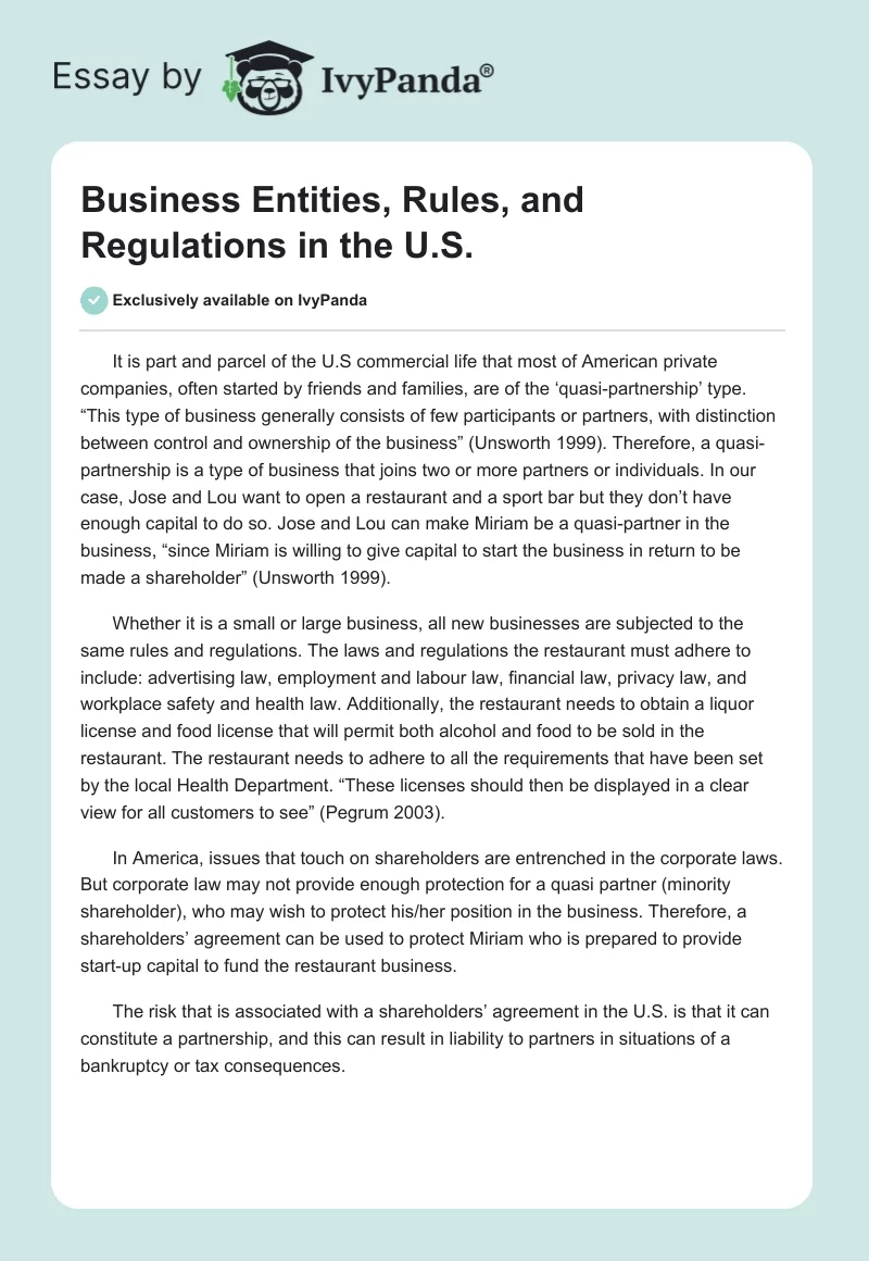Business Entities, Rules, and Regulations in the U.S.. Page 1