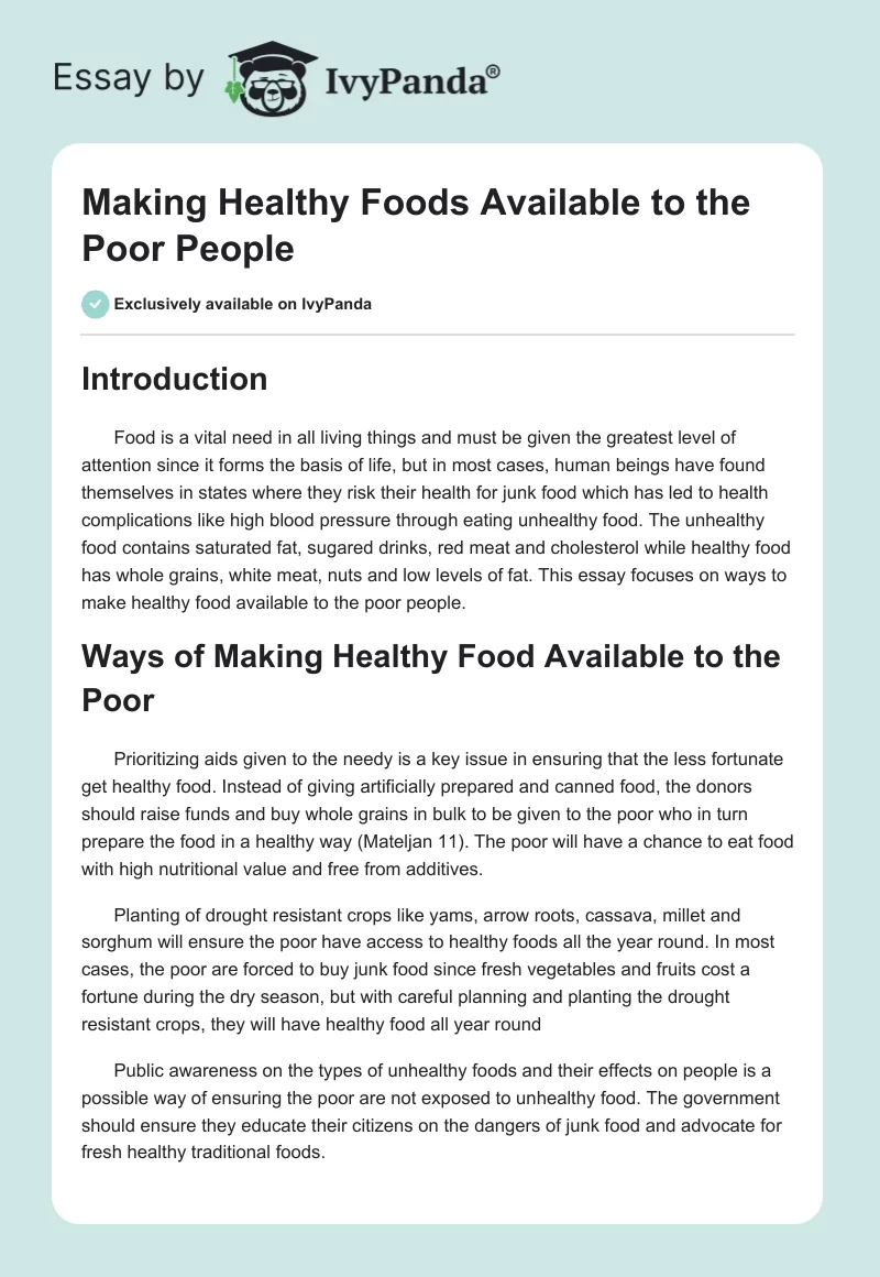 Making Healthy Foods Available to the Poor People. Page 1
