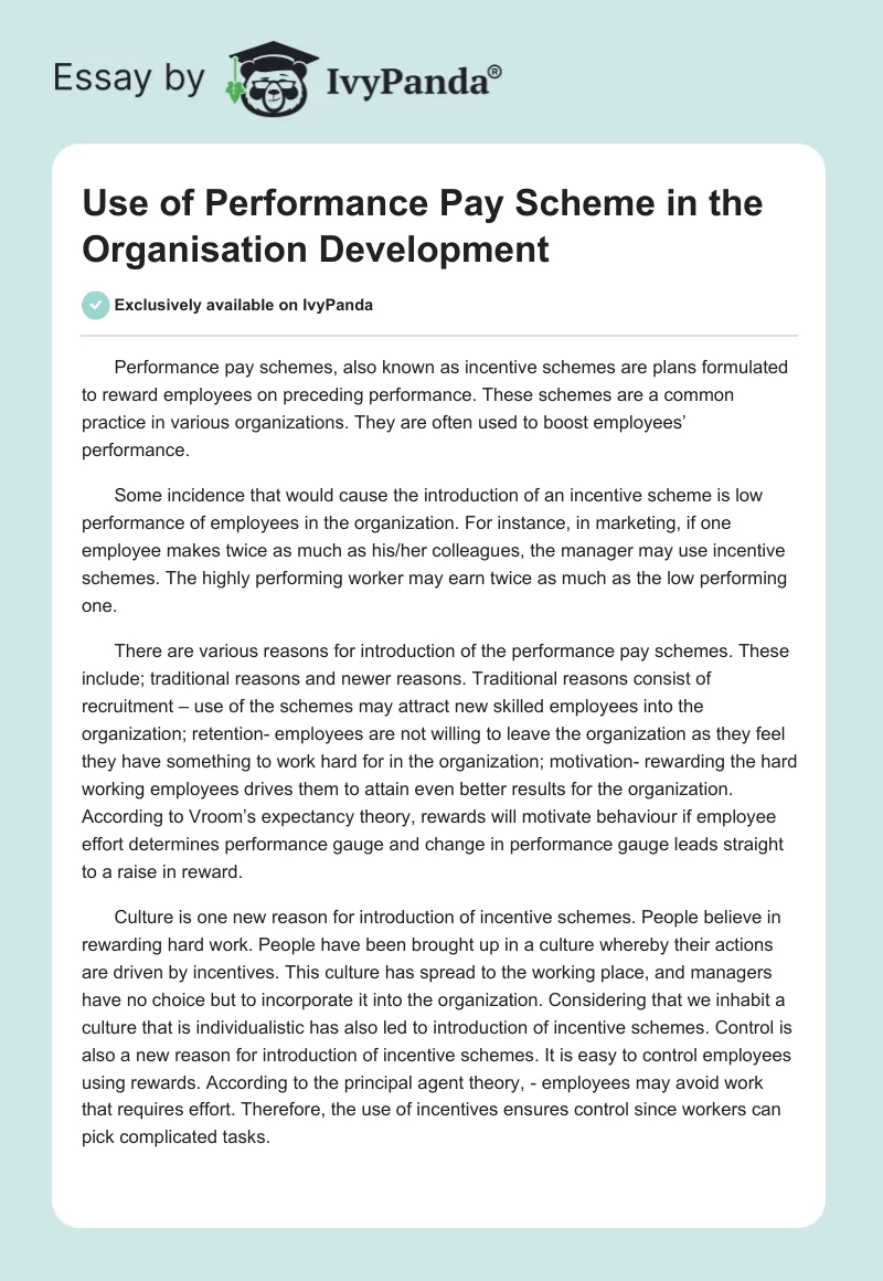 Use of Performance Pay Scheme in the Organisation Development. Page 1