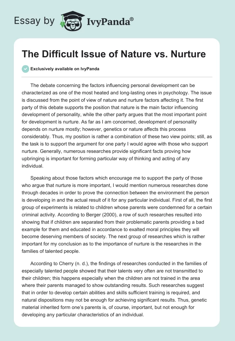 The Difficult Issue of Nature vs. Nurture. Page 1