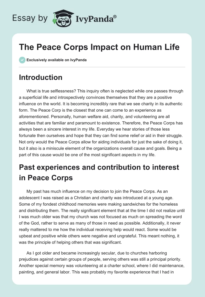 The Peace Corps Impact on Human Life. Page 1