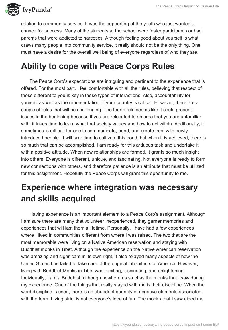 The Peace Corps Impact on Human Life. Page 2