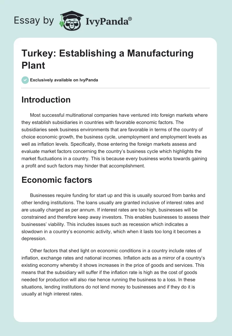Turkey: Establishing a Manufacturing Plant. Page 1