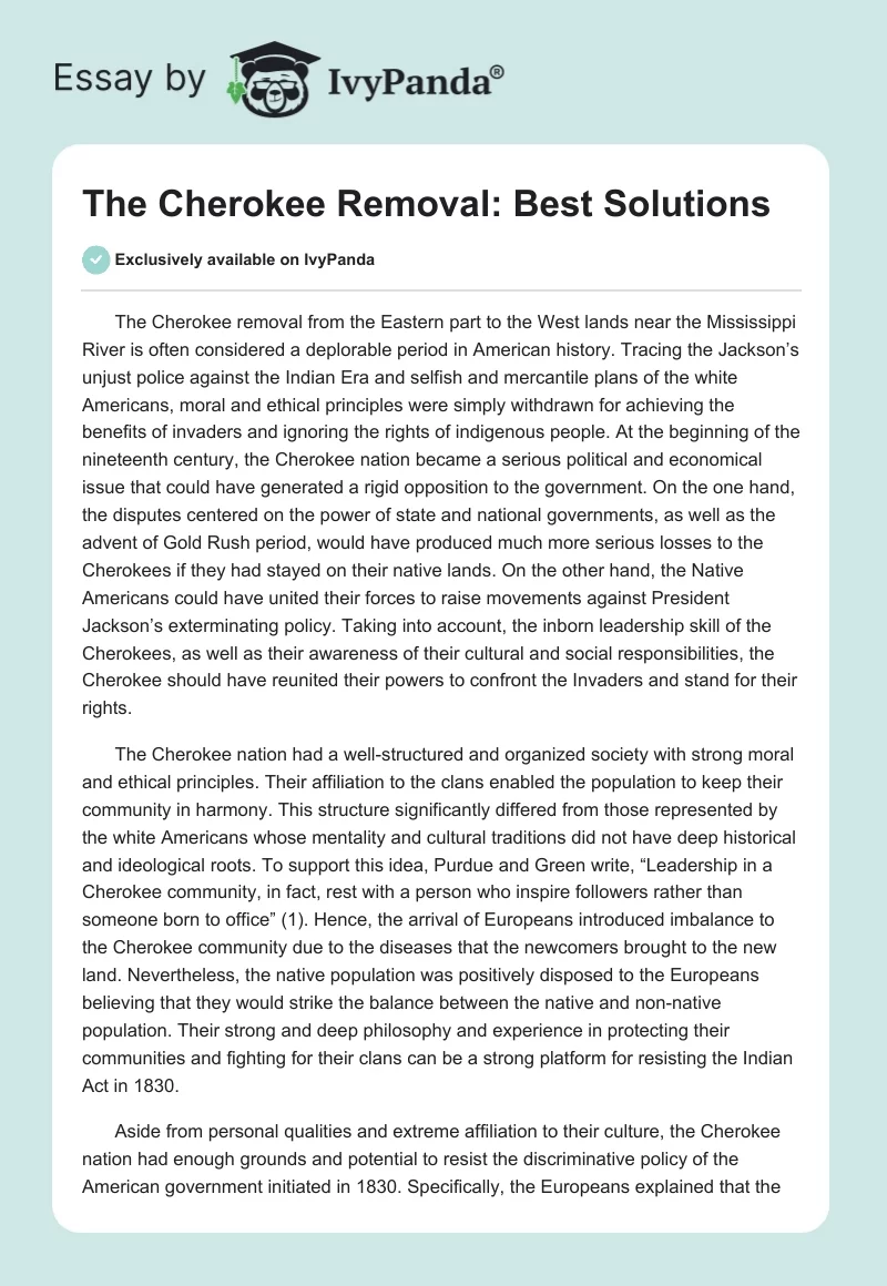 The Cherokee Removal: Best Solutions. Page 1