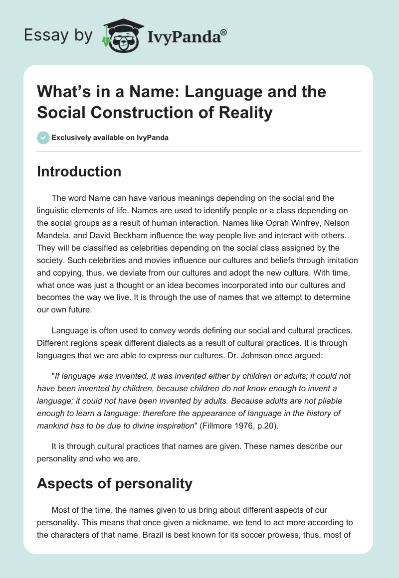 What’s in a Name: Language and the Social Construction of Reality. Page 1