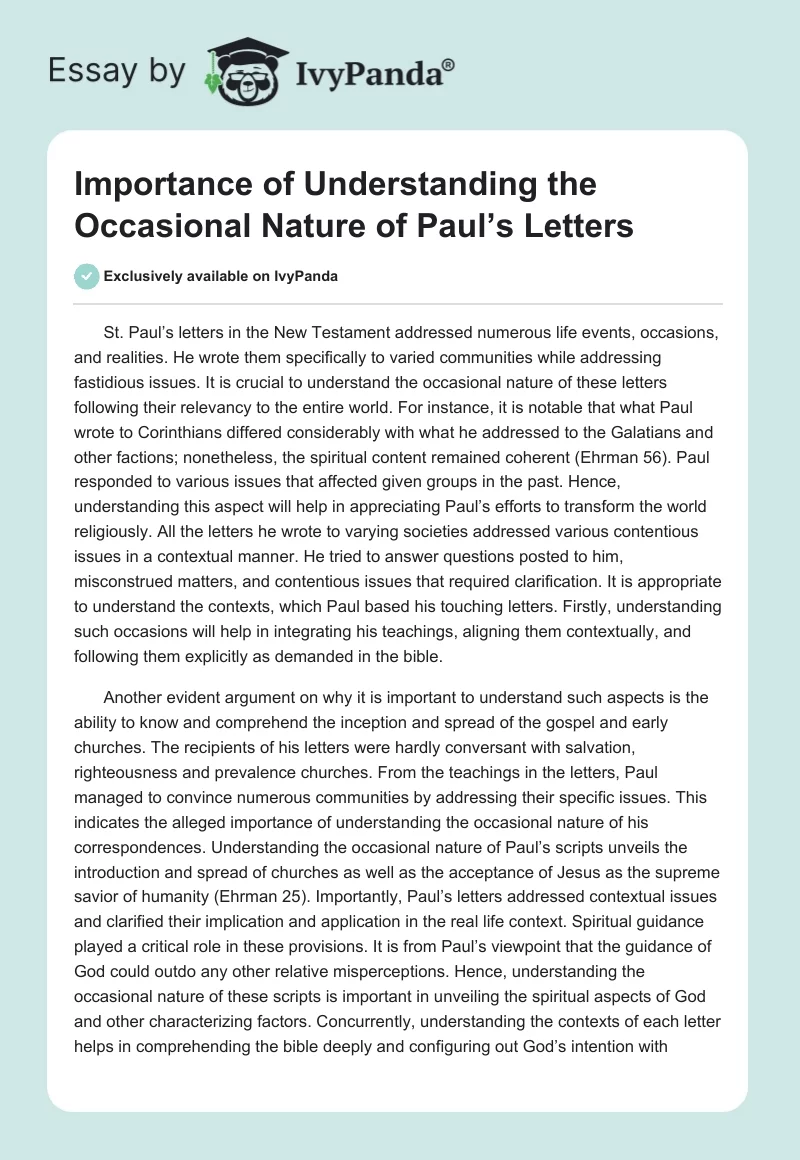 Importance of Understanding the Occasional Nature of Paul’s Letters. Page 1
