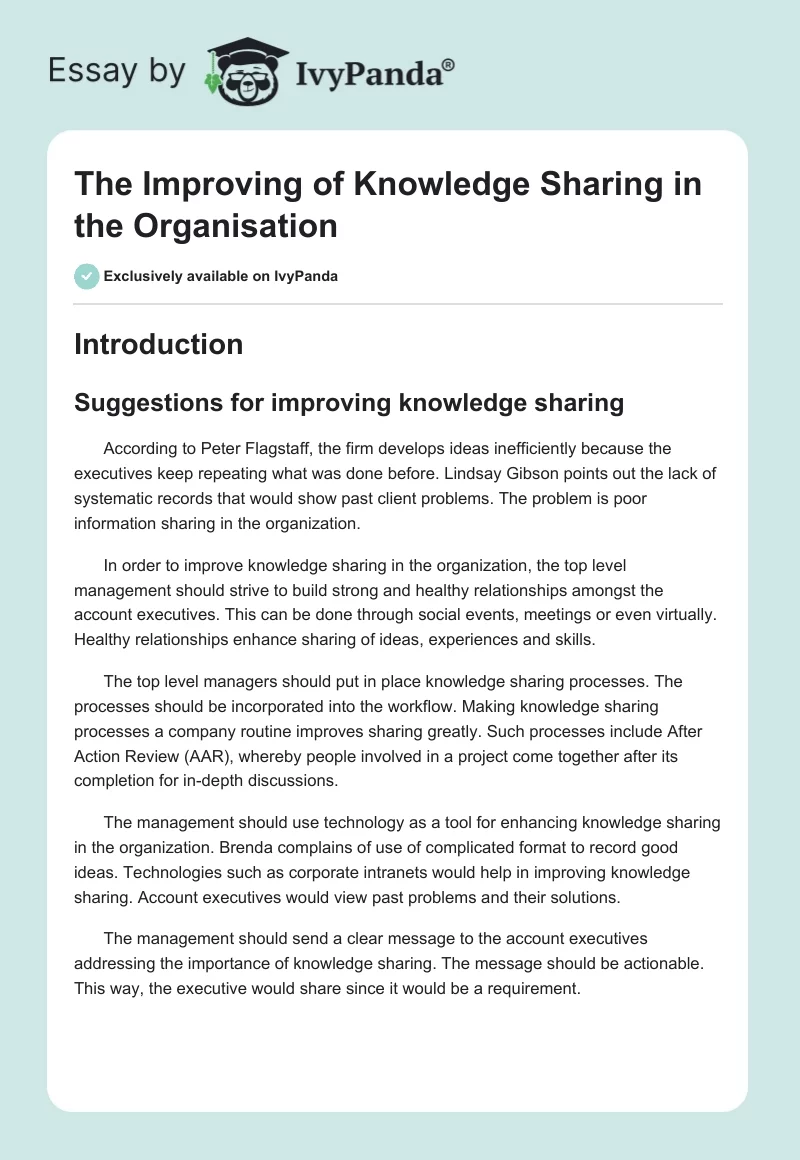 The Improving of Knowledge Sharing in the Organisation. Page 1